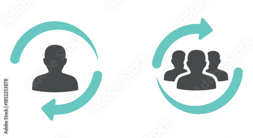 Two icons depicting user cycles a single person icon and a group icon, both surrounded by teal circular arrows, isolated on transparent background