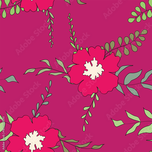 Seamless floral pattern based on traditional folk art ornaments. Colorful flowers on color background. Scandinavian style. Sweden nordic style. Vector illustration. Simple minimalistic pattern.