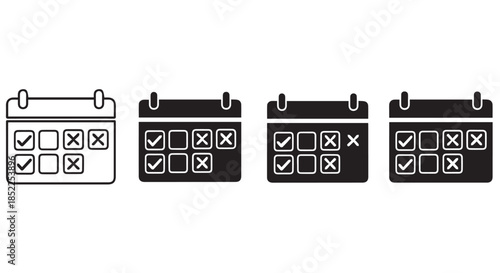 Set of four calendar icons showing different checkmark and cross mark combinations for task completion or scheduling, isolated on transparent background