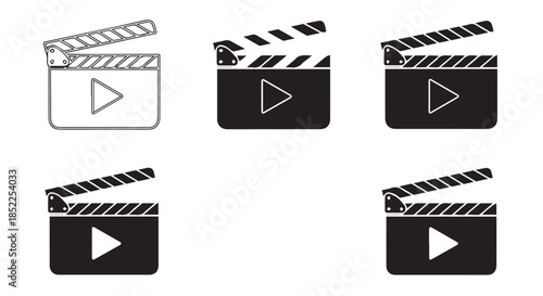 Set of five different style icons representing a movie clapper board with a play symbol, isolated on transparent background