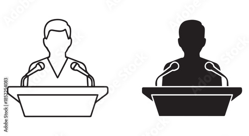 Two styles of a speaker at a podium icon, one outline and one solid silhouette, isolated on transparent background