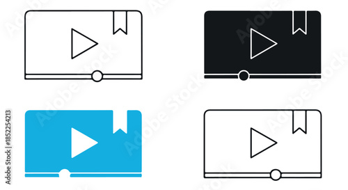 Set of four video player interface icons showing playback controls, bookmark flag, and progress bar in outline, solid black, blue, and outline styles isolated on transparent background