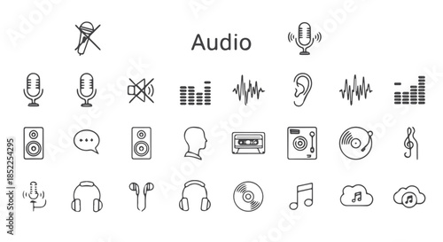 Collection of handdrawn black and white audio and sound related icons and symbols isolated on transparent background