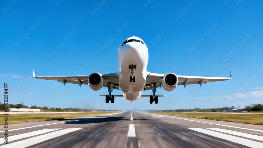 Obraz premium White commercial passenger jet airplane taking off front view angle on the runway