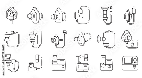 Collection of line art icons depicting various medical respiratory therapy equipment like nebulizers, masks, and oxygen delivery device components isolated on transparent background