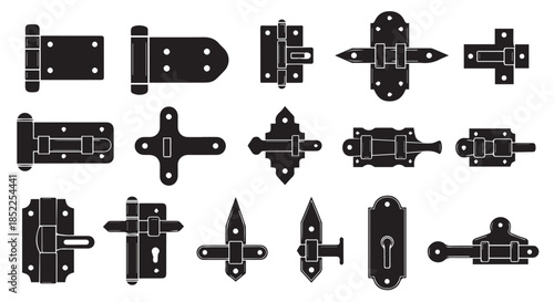 Collection of black silhouette illustrations depicting various styles of rustic door hinges, latches, and bolts isolated on transparent background