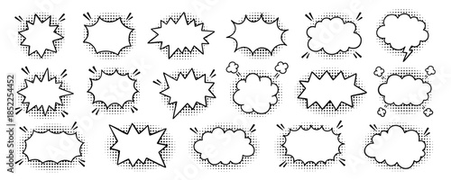Comic speech bubble doodle set.  Explosion manga speech balloon. Pop art outline frame in sketch style. Hand drawn vector illustration isolated on a transparent background