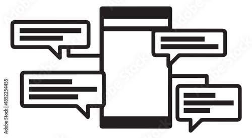 Black and white line art icon depicting a smartphone surrounded by multiple speech bubbles representing instant messaging or mobile communication isolated on transparent background
