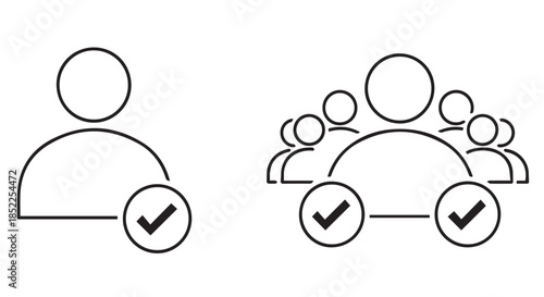 Outline icons representing a single verified user profile next to a group of verified users, isolated on transparent background