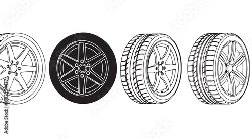 Line art illustration showing four different styles of automotive wheel and tire combinations, isolated on transparent background