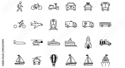 Collection of black and white line art icons representing various modes of transportation isolated on transparent background