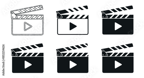 Set of six black and white clapperboard icons with play button symbol, isolated on transparent background