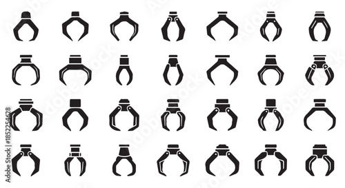 Collection of various black robotic gripper and mechanical claw icons in different shapes and styles for automation and engineering concepts isolated on transparent background
