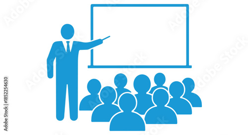 Blue silhouette icon depicting a business presentation or training session with an instructor pointing at a blank screen before an audience isolated on transparent background