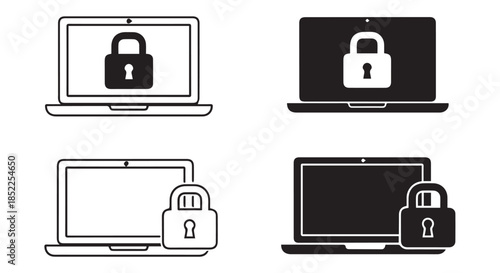 Set of four laptop icons depicting security and data protection with padlock symbols in both outline and solid styles, isolated on transparent background