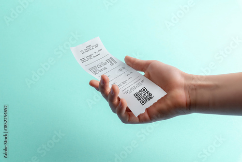 Wallpaper Mural Hand holding paper receipt with qr code on blue background, digital payment and expense tracking concept for fintech apps, accounting software, and receipt management Torontodigital.ca