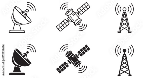 Collection of line art icons depicting satellite dish, communication satellite, and radio tower transmitting signals, isolated on transparent background