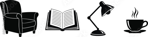 Armchair open book desk lamp and coffee cup icons armchair, chair, furniture, reading
