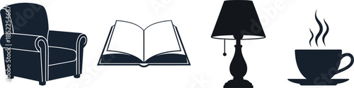 Armchair Open Book Table Lamp and Coffee Cup Icons reading