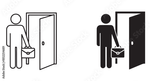 Outline and solid silhouette icons depicting a person holding a briefcase standing next to an open door, isolated on transparent background