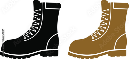 Black and Brown Work Boots Side by Side on White Background footwear shoes