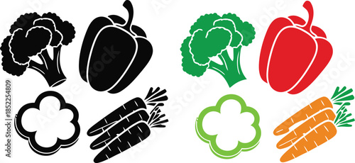 Black and color silhouettes of broccoli bell peppers carrots and pepper slice broccoli