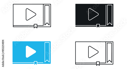 Set of four video player interface icons showing a play button symbol in outline, solid black, blue fill, and outline variations isolated on transparent background