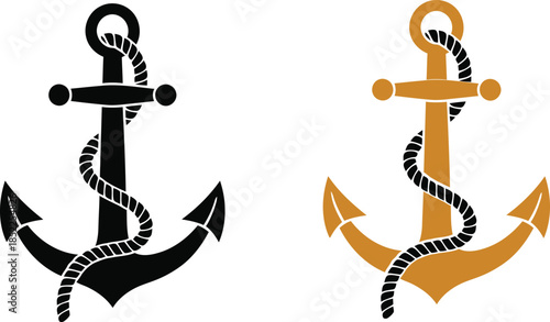 Black and Gold Anchor Symbols with Rope on White Background anchor, rope, nautical