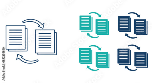Icon set illustrating document synchronization, data exchange, and file transfer processes with circulating arrows isolated on transparent background