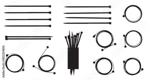 Collection of black and white vector icons depicting various cable tie designs, including straight, looped, and bundled representations isolated on transparent background