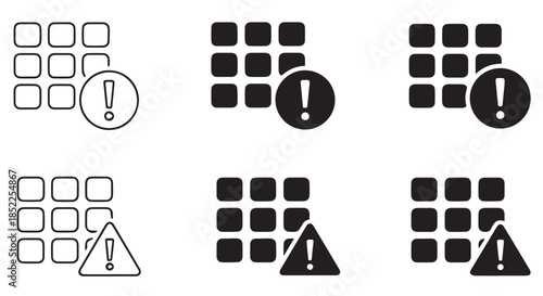 Set of six icons depicting a grid structure with various warning and alert symbols in outline and solid styles, isolated on transparent background