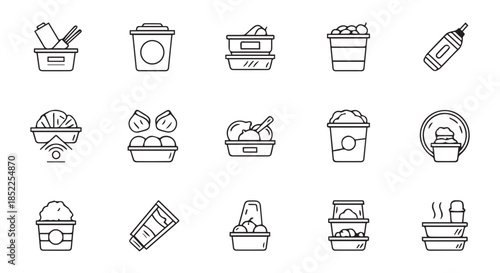 Collection of black and white line art icons depicting various food containers, takeout boxes, cups, and beverage bottles isolated on transparent background