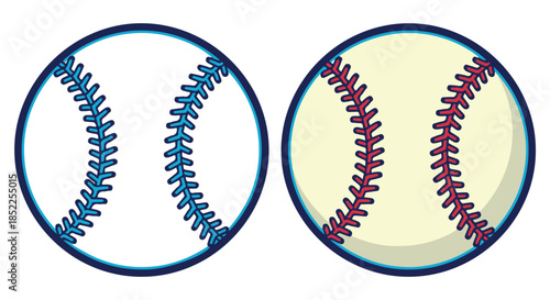 Two baseball illustrations side by side, one white with blue stitching and one cream colored with red stitching, isolated on transparent background