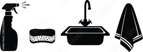 Cleaning Supplies Icons with Spray Bottle Sponge Sink and Towel cleaning, hygiene