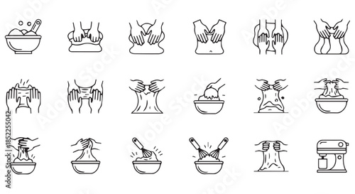 Set of black and white line icons illustrating various steps and techniques for facial massage, skincare, and cosmetic preparation isolated on transparent background