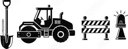 Construction Equipment Silhouette Collection With Shovel Roller Barrier And Siren Keywords