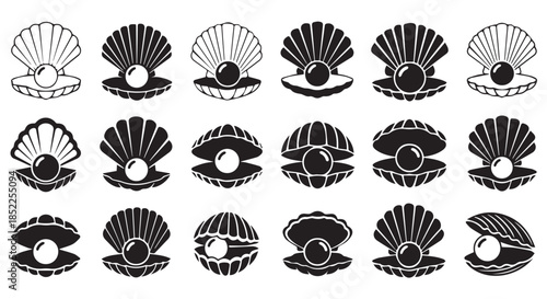 Collection of stylized black and white illustrations of open oyster shells revealing a single pearl inside, isolated on transparent background