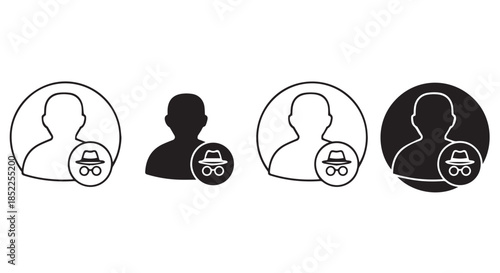 Set of four user profile icons representing incognito or private browsing mode in various styles, isolated on transparent background