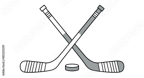 Black and white illustration of two crossed hockey sticks and a puck, isolated on transparent background