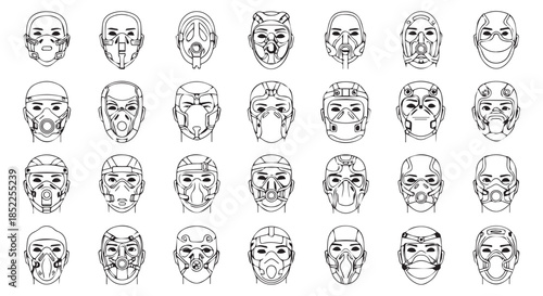 Collection of thirtytwo distinct futuristic or scifi style mask designs presented as a black and white icon set isolated on transparent background