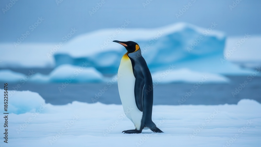 Fototapeta premium Majestic king penguin standing on icy landscape with glaciers