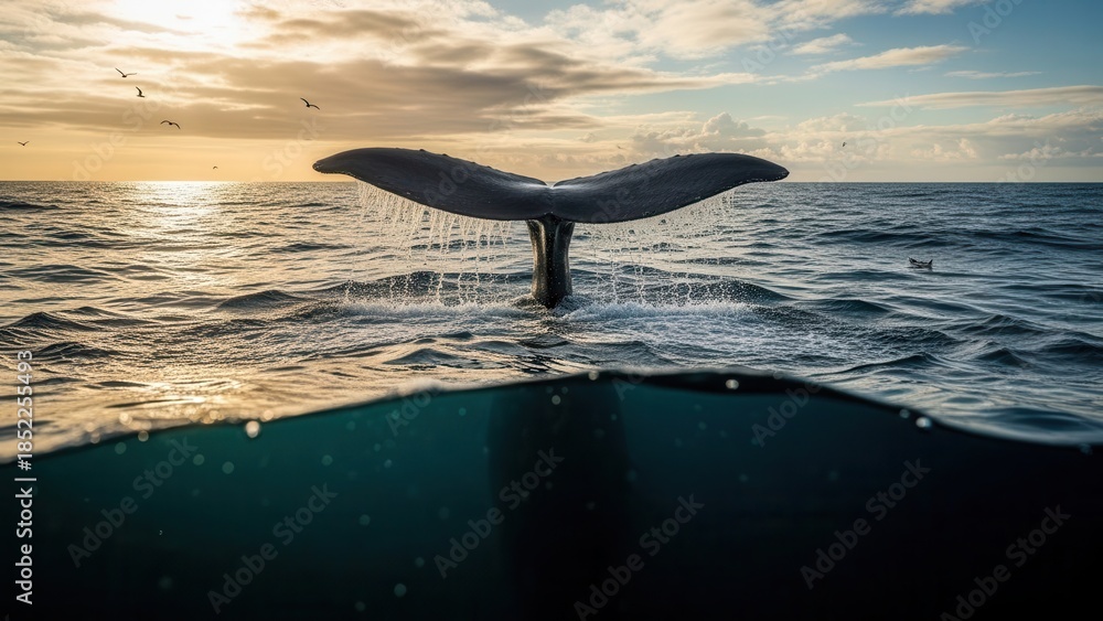 Fototapeta premium Whale tail splashing in ocean waves at sunset with seagulls flying