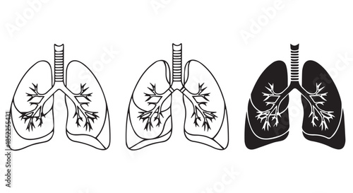 Three stylized illustrations of human lungs showing the trachea and bronchial tree structure in outline and solid black fill isolated on transparent background