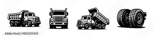 Dump truck set, vehicles with wheels, flat vector illustration