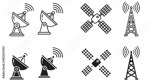 Collection of black and white line art icons representing satellite dishes, communication satellites, and cellular transmission towers isolated on transparent background