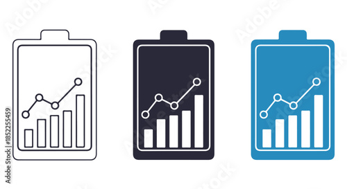 Three battery icons showing a rising bar chart and line graph inside, representing growth or charging progress, isolated on transparent background