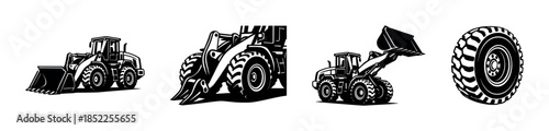 Construction vehicles, loaders and bulldozers, flat vector illustration