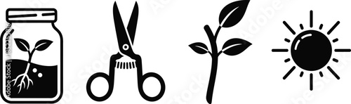 Gardening and Plant Care Icons with Sun and Jar gardening, plant, sprout, seedling