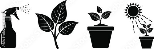 Gardening icons including spray bottle plant leaves potted plant and sun gardening