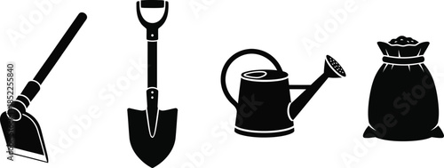 Gardening Tools Silhouette Collection With Hoe Shovel Watering Can And Soil Bag Keywords